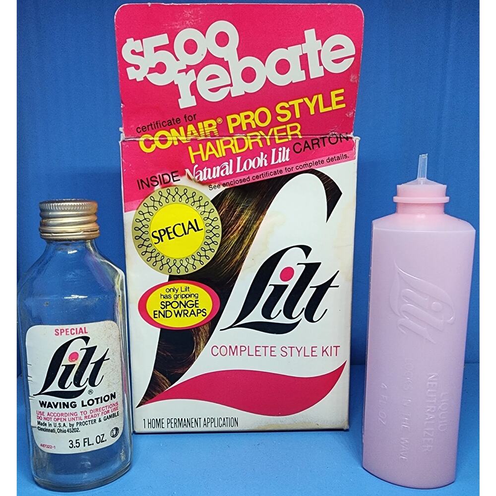DISPLAY EMPTY 1980's Lilt Perm Complete Style Kit Bottle Box & More See Pic Desc